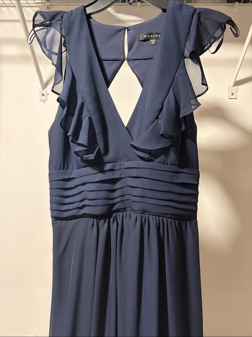 MARINA Navy Ruffled V-Neck Gown